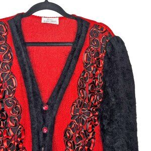 Vintage Karl Bein Cologne Red & Black Cardigan w/ 3D Ribbon Trim - Size M (est.)